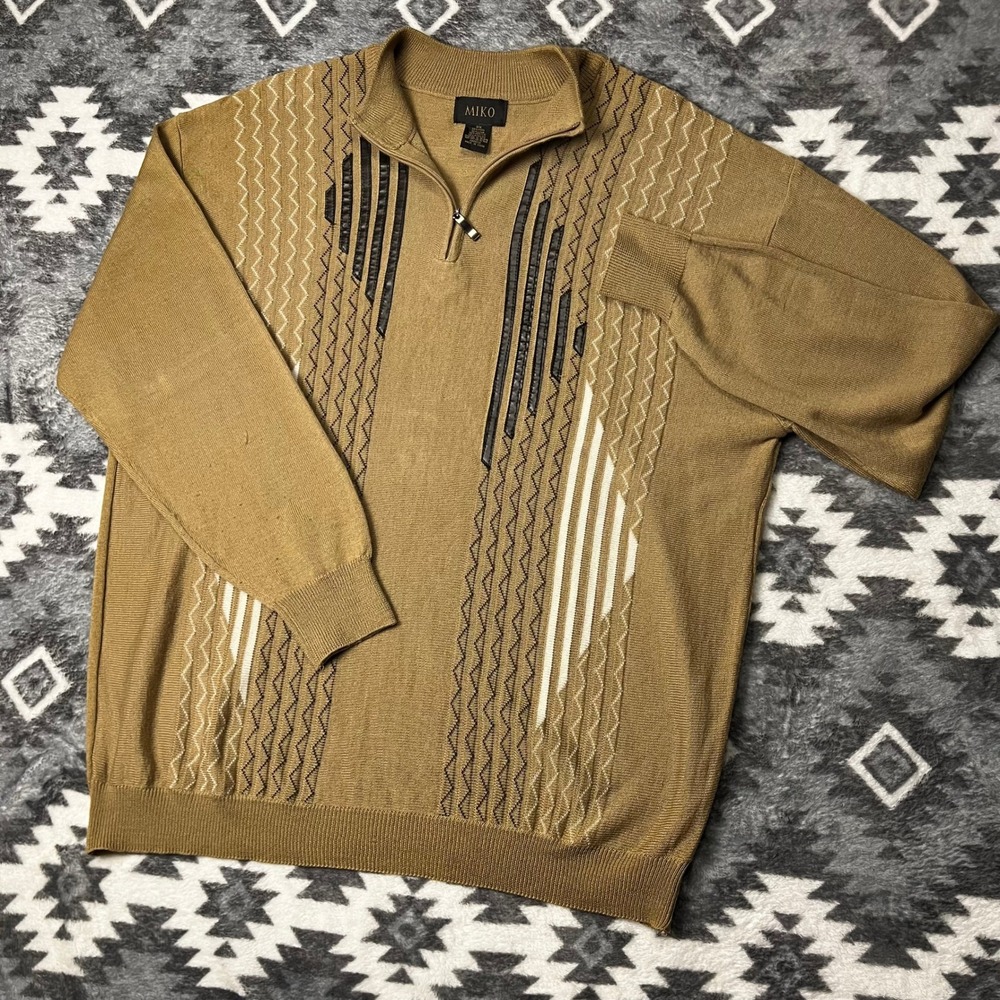 VTG Miko Quarter Zip Sweater Mustard Tan Faux Leather Trim Geometric Knit Men 3X